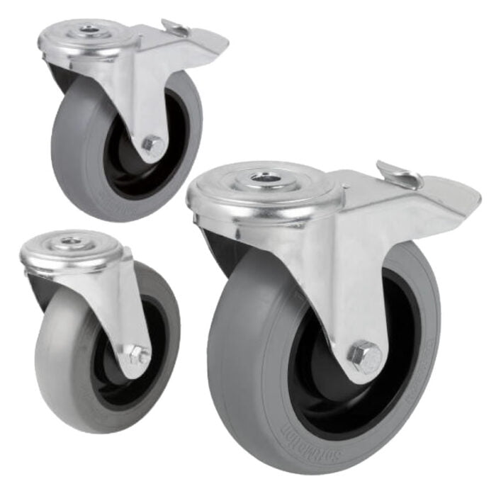 K1789 Kipp steel plate swivel castors with soft rubber tyres and bolt hole