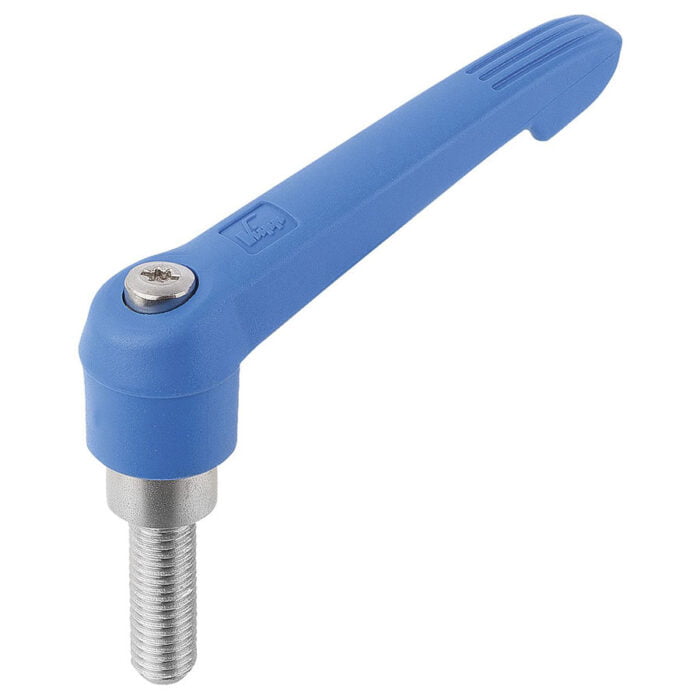 K0270 Kipp Clamping levers with plastic handle, external thread, steel parts stainless steel blue