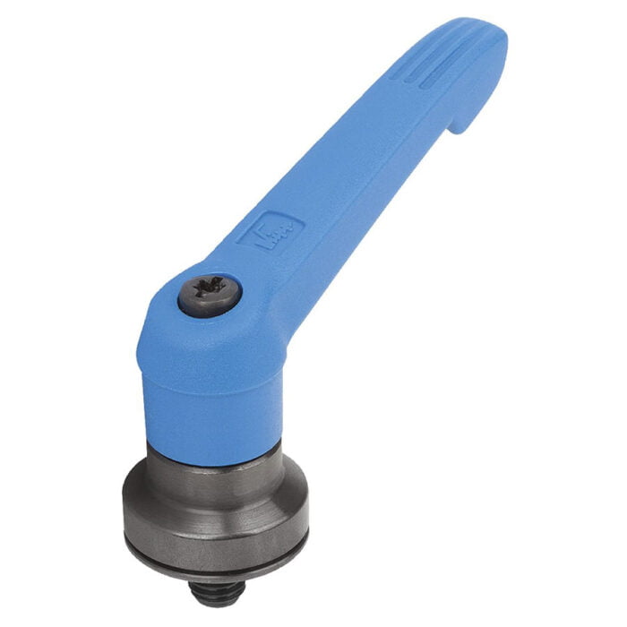 K1597 Kipp Plastic clamping lever with male thread and clamping force intensifier blue