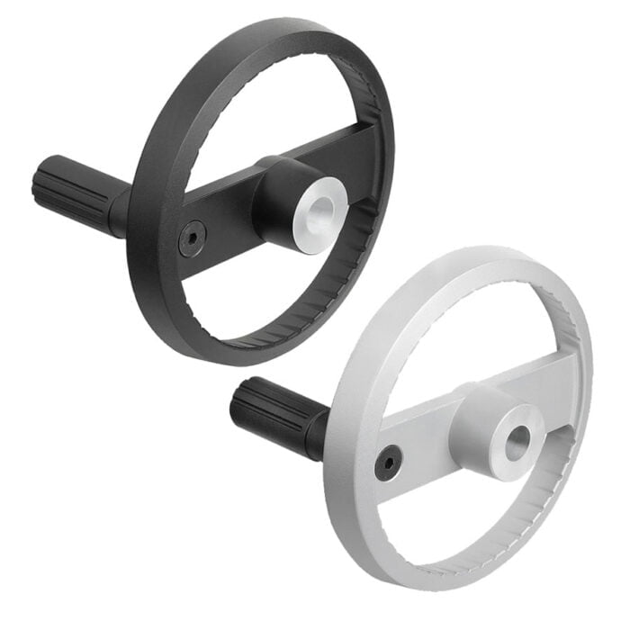 K1524_E Kipp 2-spoke handwheels, aluminium, with revolving cylinder grip, Form E with reamed hole